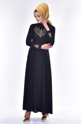 Rundhalsausschnitt Kleid mit Stickerei 4401-04 Schwarz 4401-04