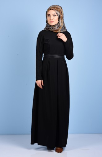 Kuşaklı Pileli Elbise 2258-06 Siyah