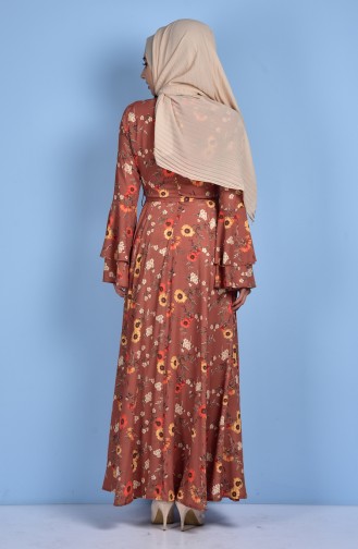 Desenli Kuşaklı Elbise 5026B-02 Kahverengi Sarı