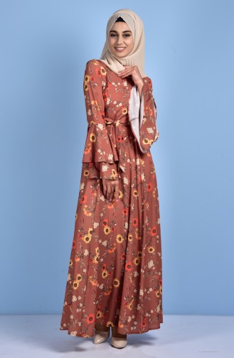 Desenli Kuşaklı Elbise 5026B-02 Kahverengi Sarı