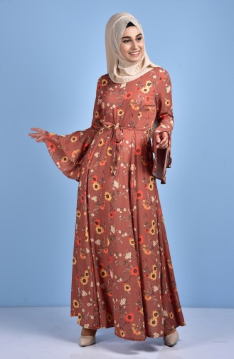 Desenli Kuşaklı Elbise 5026B-02 Kahverengi Sarı