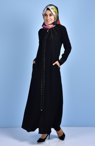 Stone Printed Abaya 99092-03 Black 99092-03