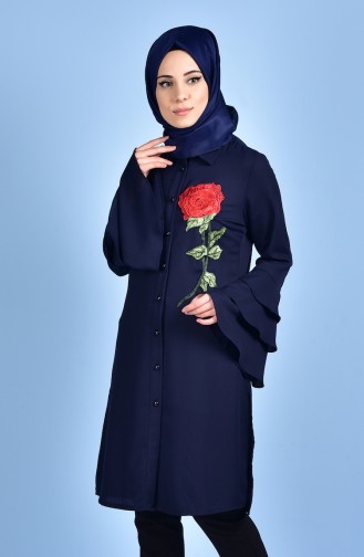 Çiçek Nakışlı Tunik 0919-03 Lacivert