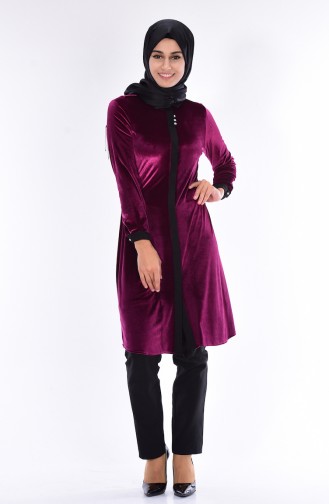 Gizli Düğmeli Kadife Tunik 0983-02 Mürdüm