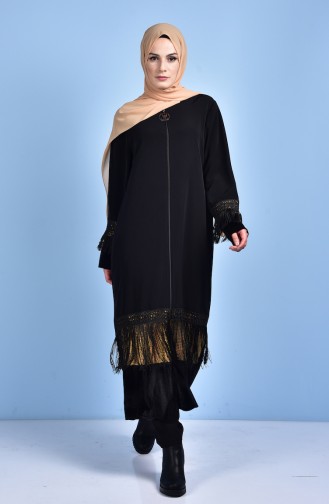 Abaya Garnie Détail Franges 99096-01 Noir 99096-01