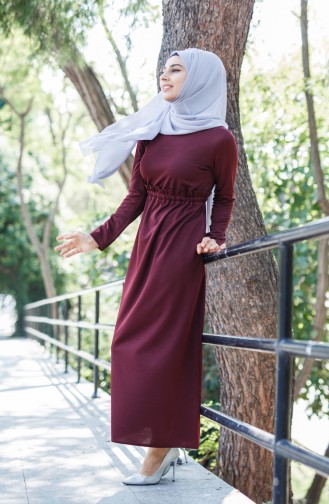 Beli Lastikli Elbise 6113-07 Bordo