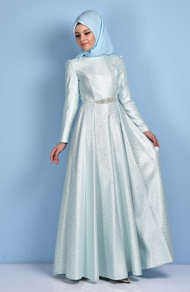 Mint Green Hijab Evening Dress 0183-03 | Sefamerve