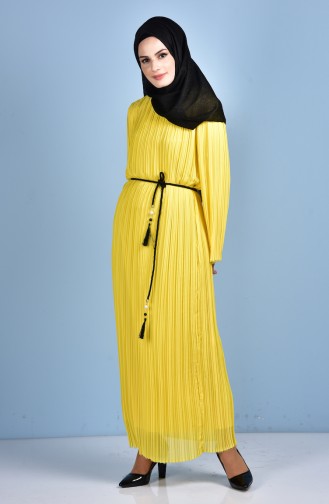 Piliseli Kemerli Elbise 4280-03 Sarı