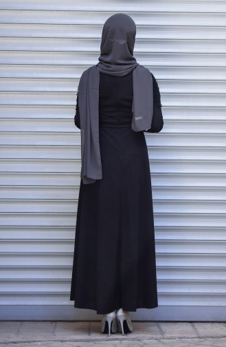 Güpürlü Kuşaklı Elbise 6114-02 Siyah 6114-02