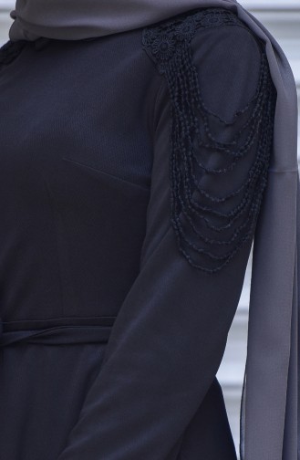 Güpürlü Kuşaklı Elbise 6114-02 Siyah 6114-02