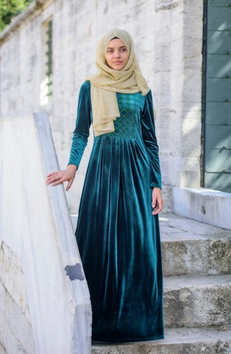 Taşlı Kadife Elbise 1466-01 Yeşil