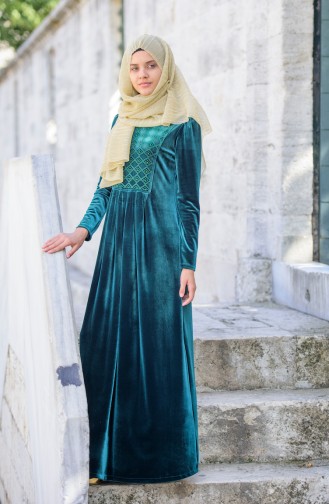 Taşlı Kadife Elbise 1466-01 Yeşil