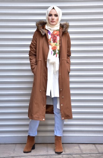 Kürk Astarlı Gabardin Kaban 5027-06 Koyu Taba