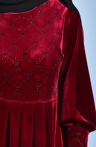 Kadife Taş Detaylı Elbise 1463-03 Bordo