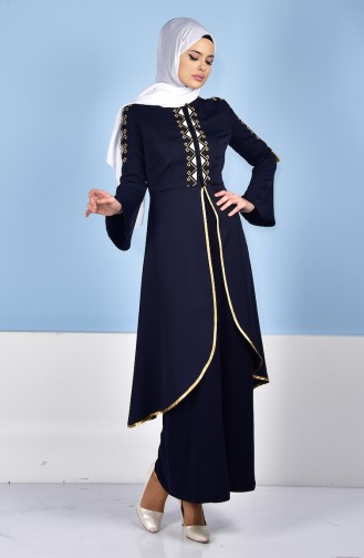 Nakışlı Kaftanlı Elbise 5000-01 Lacivert