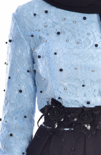 Spitzen Kleid mit Perlen 1729-02 Baby Blau Schwarz 1729-02