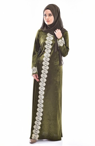 Dantelli Kadife Elbise 3205-02 Haki Yeşil