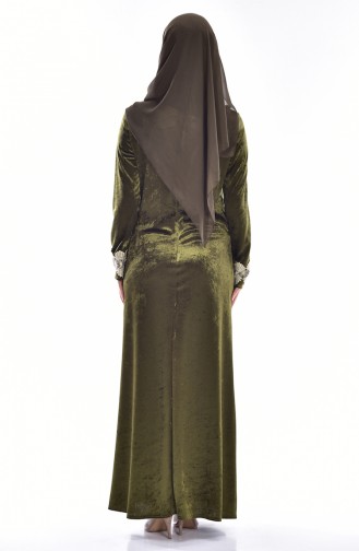 Dantelli Kadife Elbise 3205-02 Haki Yeşil