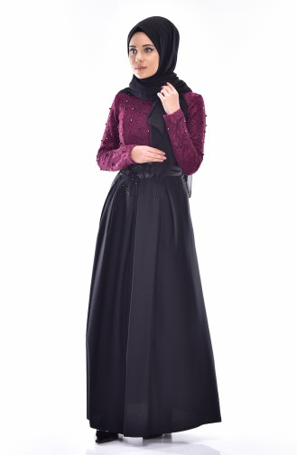 İncili Dantelli Elbise 1729-01 Mor Siyah