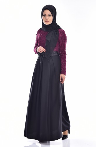 İncili Dantelli Elbise 1729-01 Mor Siyah