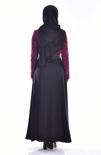 İncili Dantelli Elbise 1729-01 Mor Siyah