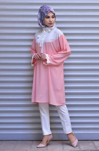 Garnished Tie Collar Tunic 1003-02 Light Beige Salmon 1003-02