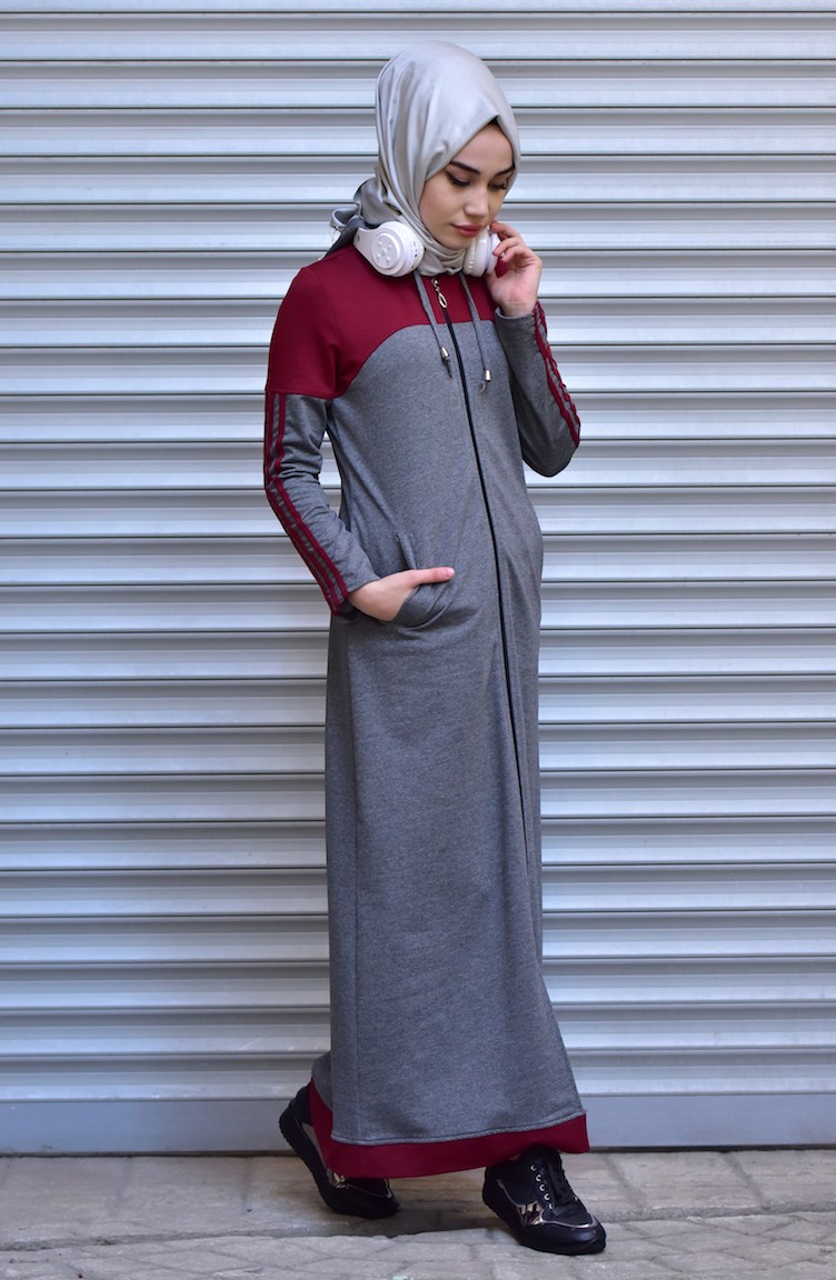 Abaya Sport a Fermeture 1487-01 Gris Bordeaux 1487-01