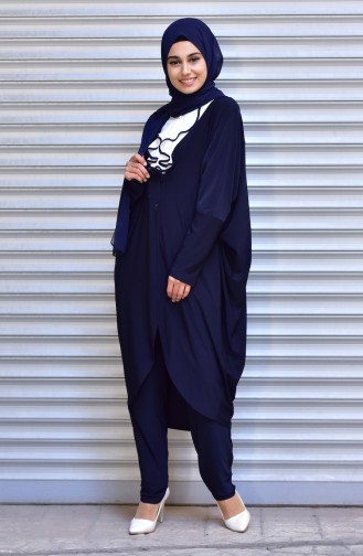 Buttoned Long Jacket 1005-03 Navy Blue 1005-03