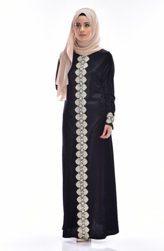 Dantelli Kadife Elbise 3205-01 Siyah