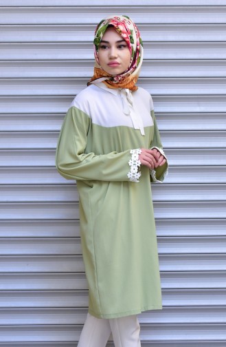 Garnished Tie Collar Tunic 1003-03 Light Beige Green 1003-03