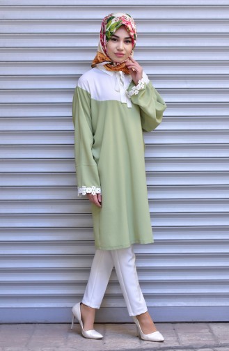 Garnished Tie Collar Tunic 1003-03 Light Beige Green 1003-03