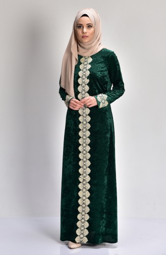 Dantelli Kadife Elbise 3205-05 Yeşil
