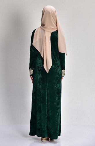 Dantelli Kadife Elbise 3205-05 Yeşil