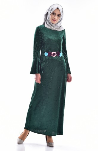 Kadife Uzun Elbise 3202-06 Yeşil