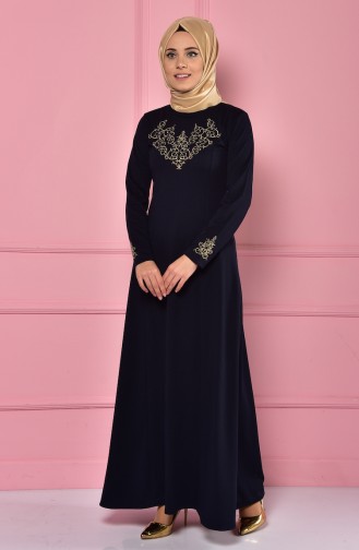 Embroideried Collar Dress 4401-07 Navy Blue 4401-07