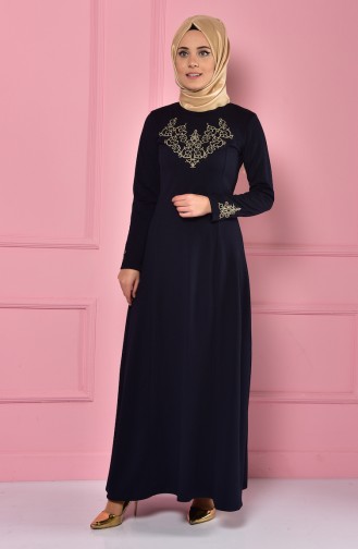 Embroideried Collar Dress 4401-07 Navy Blue 4401-07