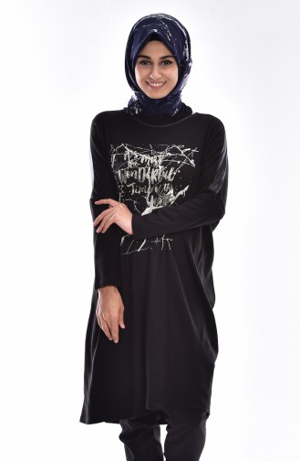 Pull İmprimé Manches Chauve-Souris 15208-04 Noir 15208-04