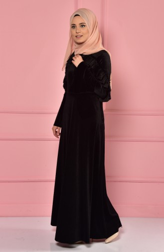 İspanyol Kol Kadife Elbise 4080-06 Siyah