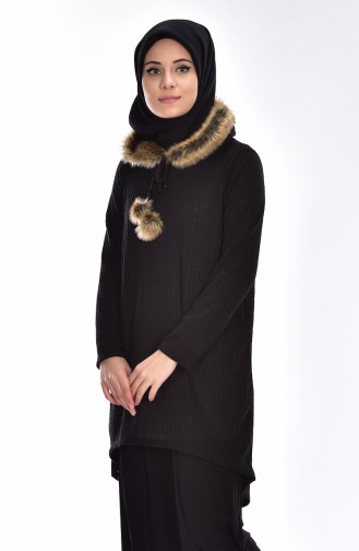 Pull a Fourrure et Capuche 15300-04 Noir 15300-04