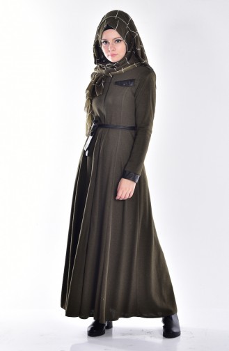 Abaya a Fermeture Détail Cuir 2485-04 Khaki 2485-04