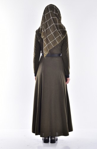 Abaya a Fermeture Détail Cuir 2485-04 Khaki 2485-04