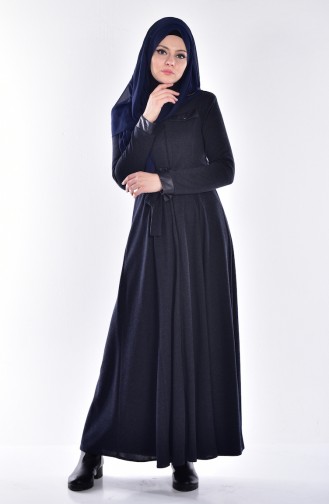 Abaya Détail Fermeture Cuir 2485-01 Bleu Marine 2485-01