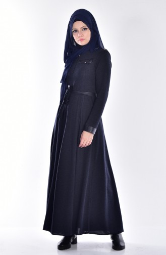 Abaya mit Leder Detail 2485-01 Dunkelblau 2485-01