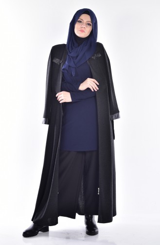 Abaya a Fermeture Détail Cuir 2485-03 Noir 2485-03