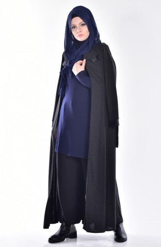 Abaya a Fermeture Détail Cuir 2485-03 Noir 2485-03