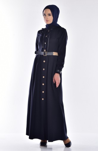 Buttoned Abaya with Belt 0520-02 Navy Blue 0520-02