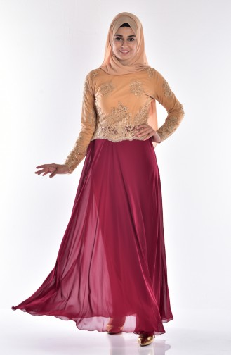 Robe de Soirée Mousseline a Dentelle 6336-01 Bordeaux 6336-01