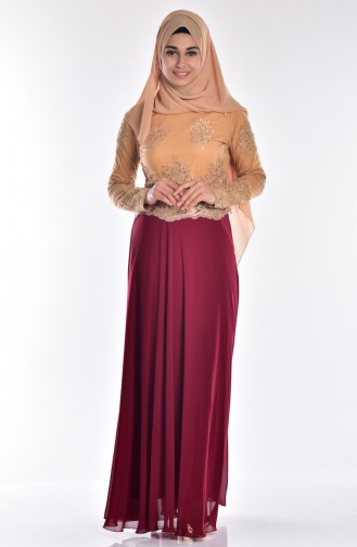Claret Red Hijab Evening Dress 6336-01