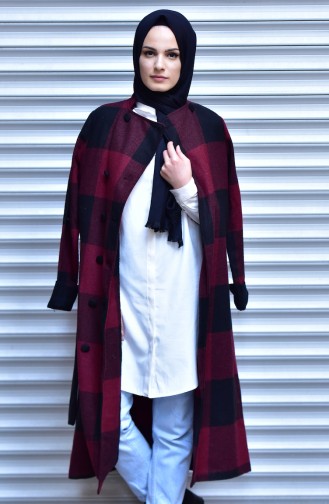 Buttoned Coat with Belt 1100-02 Claret Red Black 1100-02