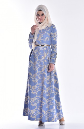 Jaquard Kleid mit Gürtel 5035-01 Dunkel Blau 5035-01